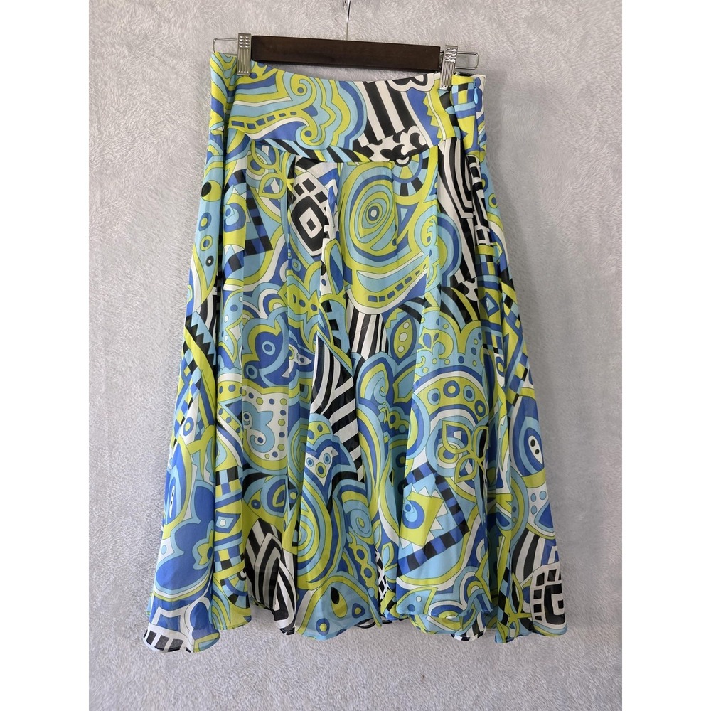 EUC Anne Klein Skirt Womens 6 Green Multicolor Silk Midi Geometric Colorful